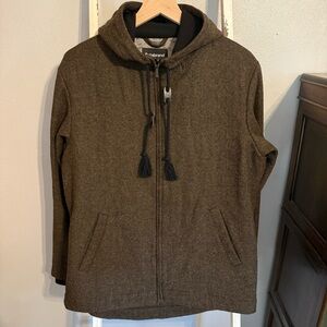 Betabrand Academic Brown Wool Herringbone Hooded Jacket Sz M with Elbow Patches